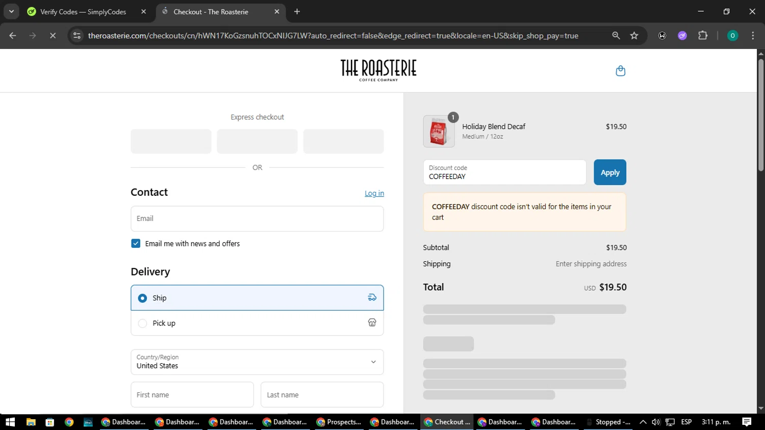 The Roasterie coupon code screenshot showing code COFFEEDAY applied at The Roasterie checkout page. Uploaded by SimplyCodes community member LuckyDefender9428 on Jul 27, 2025