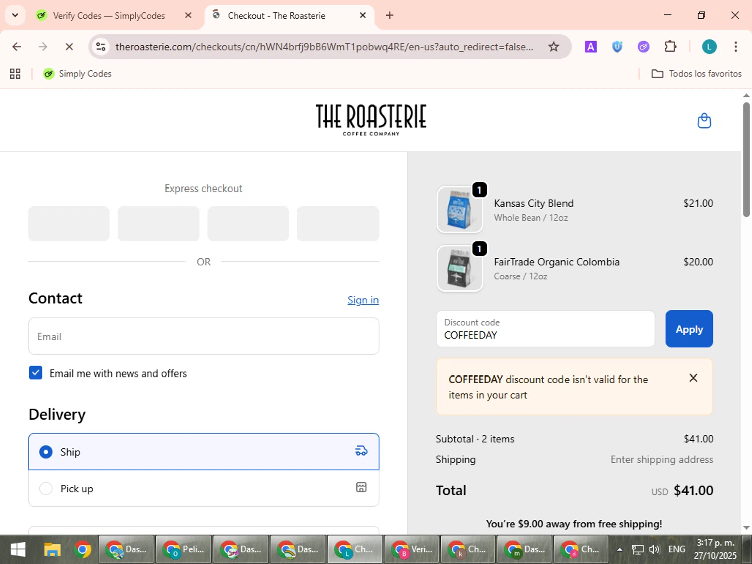The Roasterie coupon code screenshot showing code COFFEEDAY applied at The Roasterie checkout page. Uploaded by SimplyCodes community member LuckyLegend792 on Oct 27, 2025