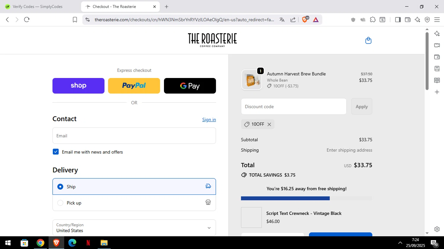 The Roasterie coupon code screenshot showing code 10OFF applied at The Roasterie checkout page. Uploaded by SimplyCodes community member ELYEYE on Sep 25, 2025