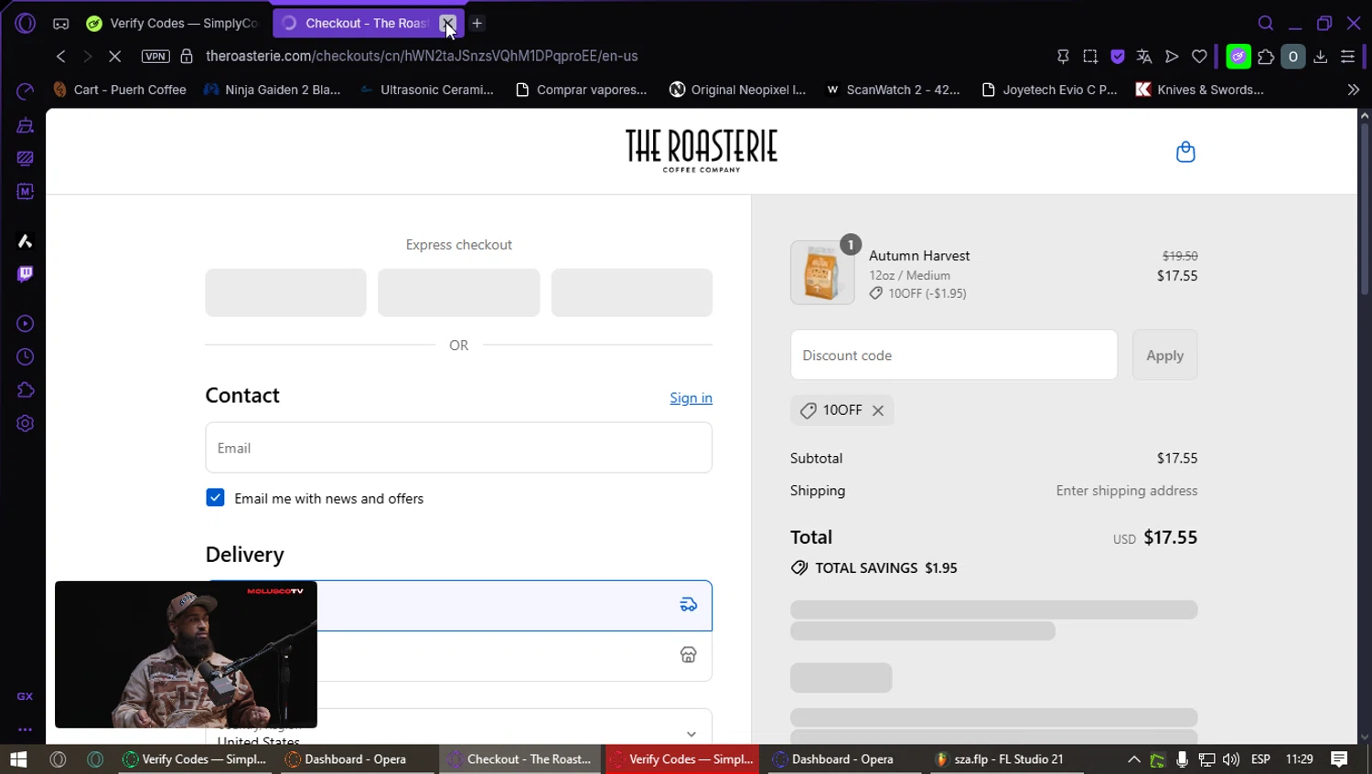 The Roasterie coupon code screenshot showing code 10OFF applied at The Roasterie checkout page. Uploaded by SimplyCodes community member GoldMaestro7871 on Sep 12, 2025