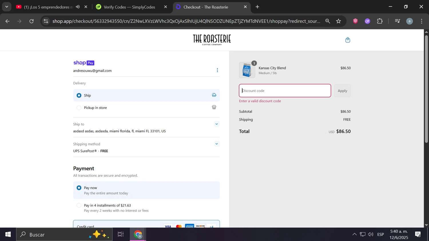 The Roasterie coupon code screenshot showing code WEEKEND15 applied at The Roasterie checkout page. Uploaded by SimplyCodes community member Frizk_1 on Jun 12, 2025
