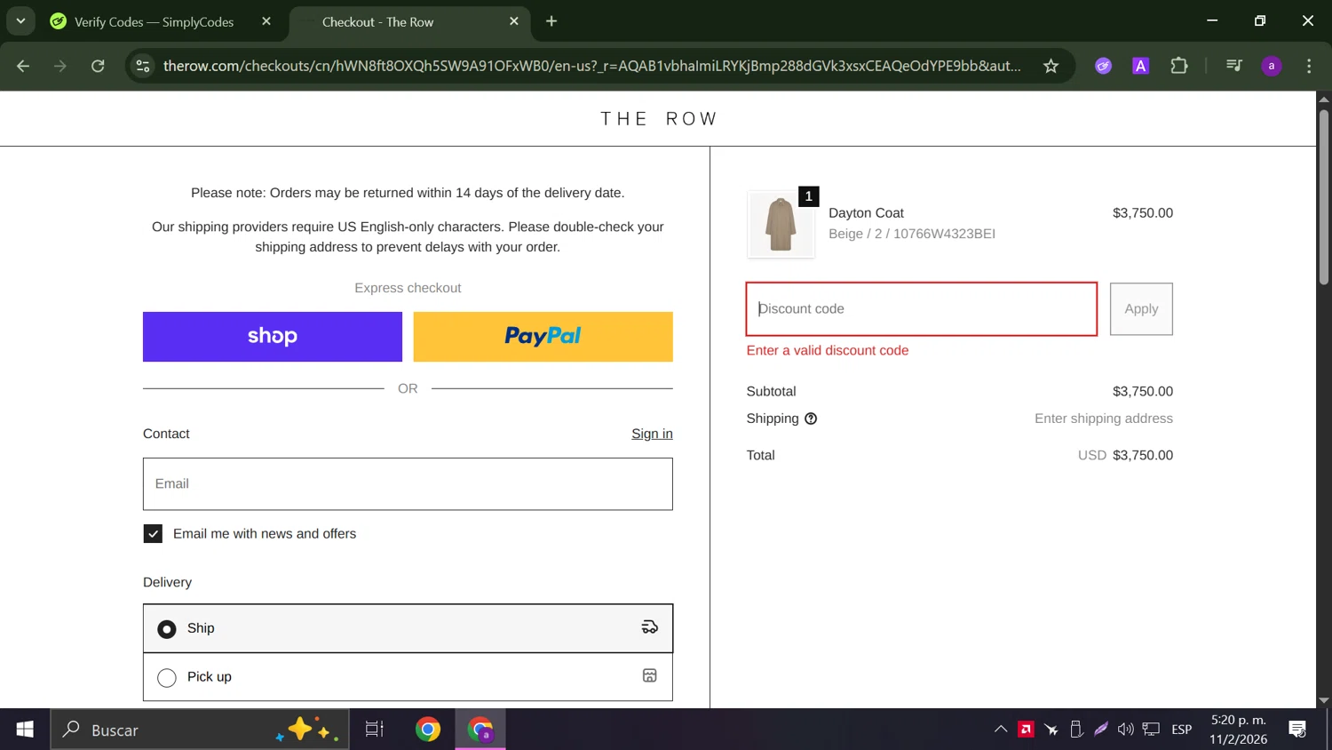 The Row discount code screenshot showing code THEROWPRIVATE applied at The Row checkout page. Uploaded by SimplyCodes community member Frizk_1 on Feb 11, 2026