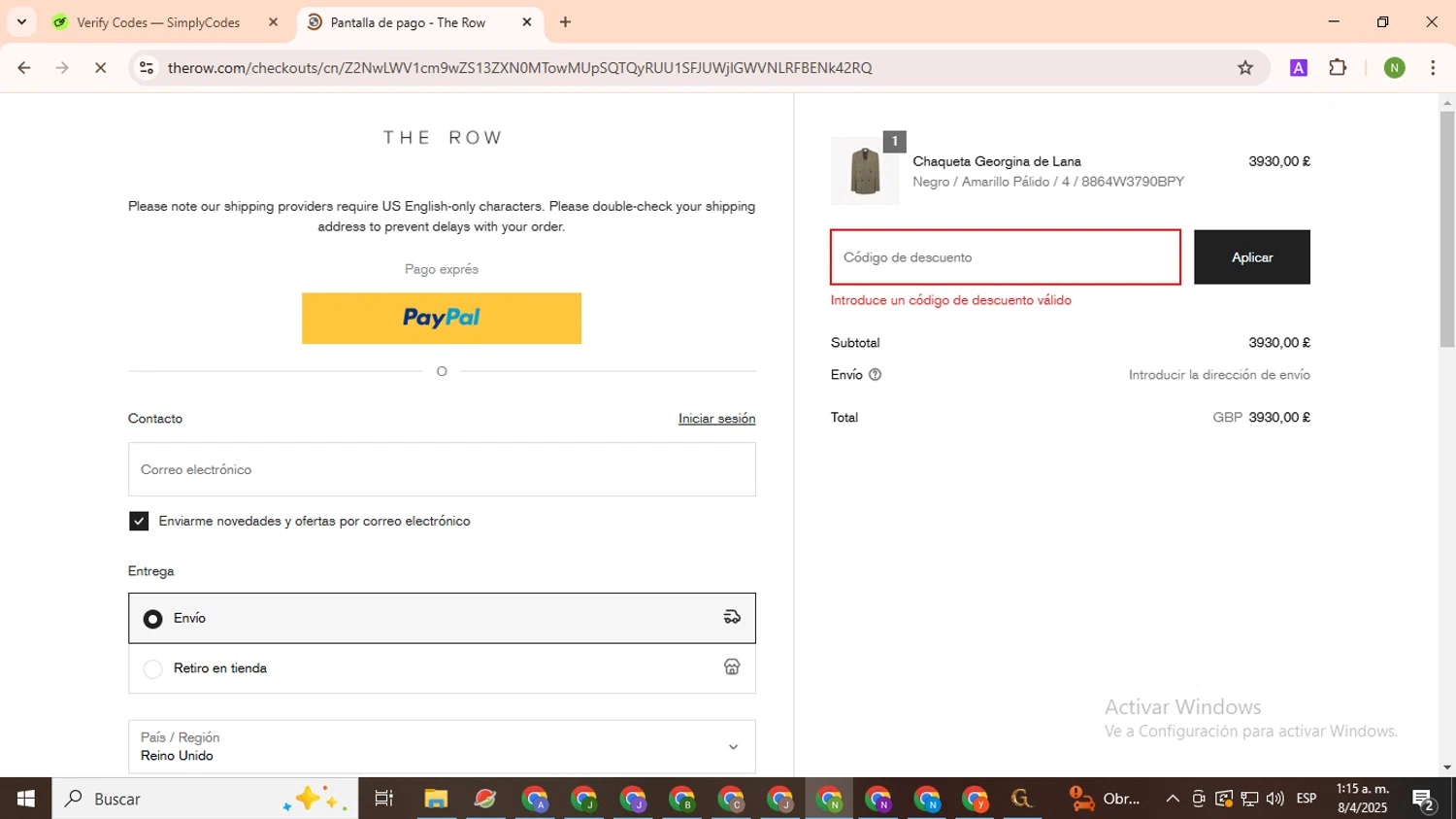 The Row discount code screenshot showing code THEROWPRIVATE applied at The Row checkout page. Uploaded by SimplyCodes community member TokenMaverick6956 on Apr 8, 2025