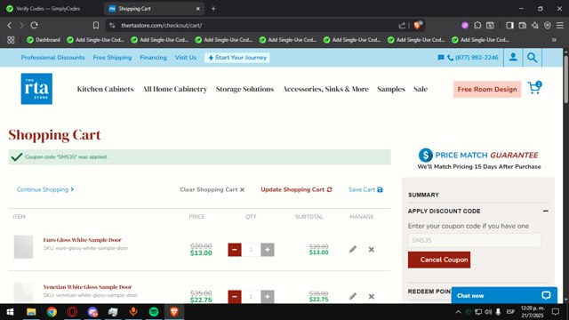 The RTA Store checkout page showing The RTA Store discount code box | Screenshot taken by SimplyCodes community member on Jul 21, 2025