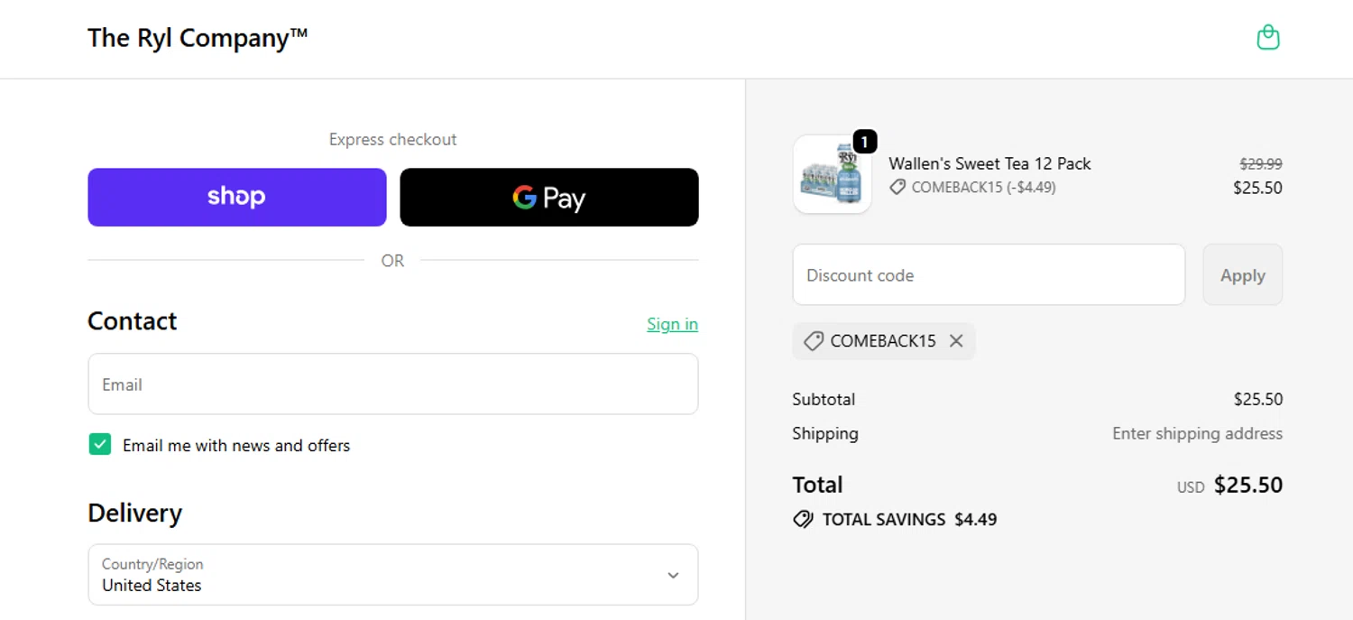 The Ryl Company promo code screenshot showing code COMEBACK15 applied at The Ryl Company checkout page. Uploaded by SimplyCodes community member Jhonny on Oct 23, 2025