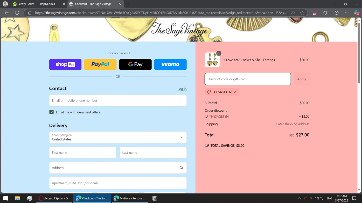 The Sage Vintage discount code screenshot showing code THESAGETEN applied at The Sage Vintage checkout page. Uploaded by SimplyCodes community member BorgeZzz on Mar 27, 2025