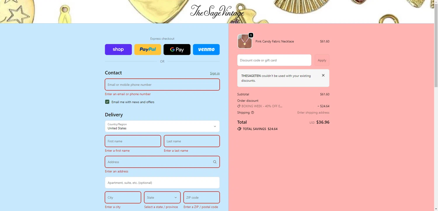 The Sage Vintage discount code screenshot showing code THESAGETEN applied at The Sage Vintage checkout page. Uploaded by SimplyCodes community member ScanRanger3503 on Dec 28, 2025
