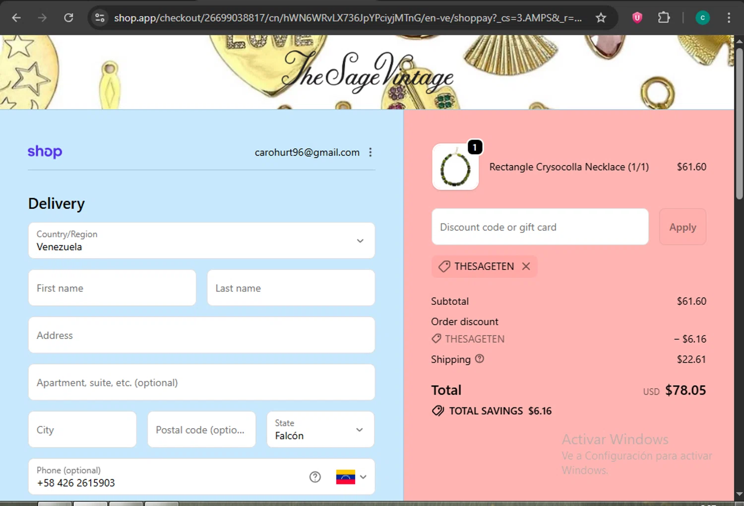 The Sage Vintage discount code screenshot showing code THESAGETEN applied at The Sage Vintage checkout page. Uploaded by SimplyCodes community member WiseMonarch3906 on Dec 17, 2025