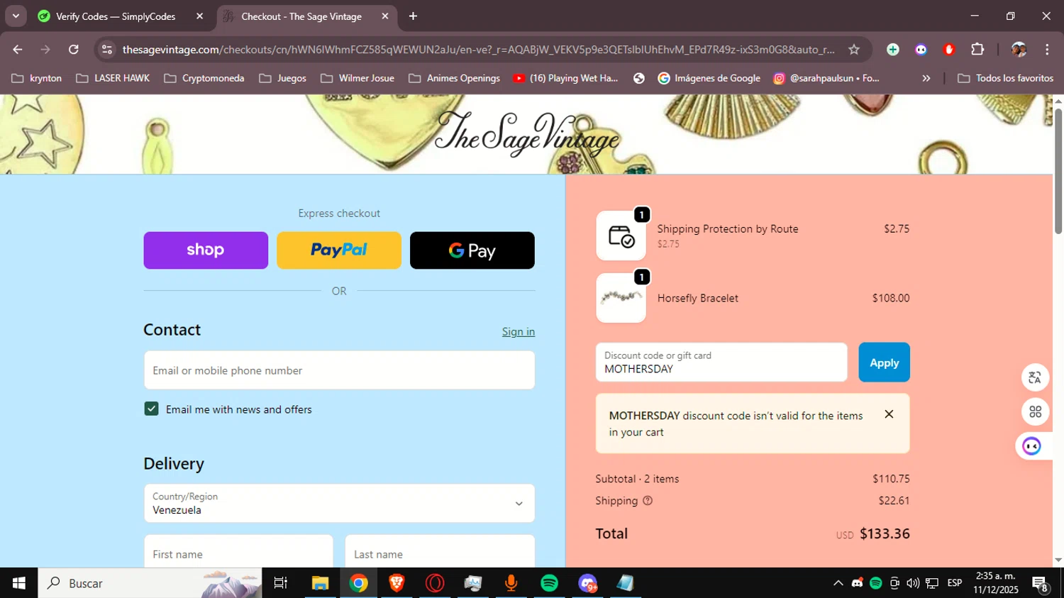 The Sage Vintage checkout page showing The Sage Vintage discount code box | Screenshot taken by SimplyCodes community member on Dec 11, 2025