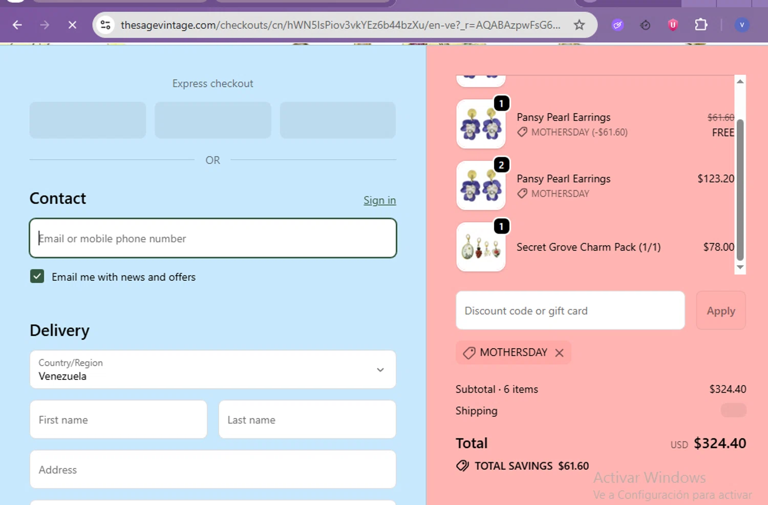 The Sage Vintage discount code screenshot showing code MOTHERSDAY applied at The Sage Vintage checkout page. Uploaded by SimplyCodes community member beatrizcastillo on Nov 15, 2025