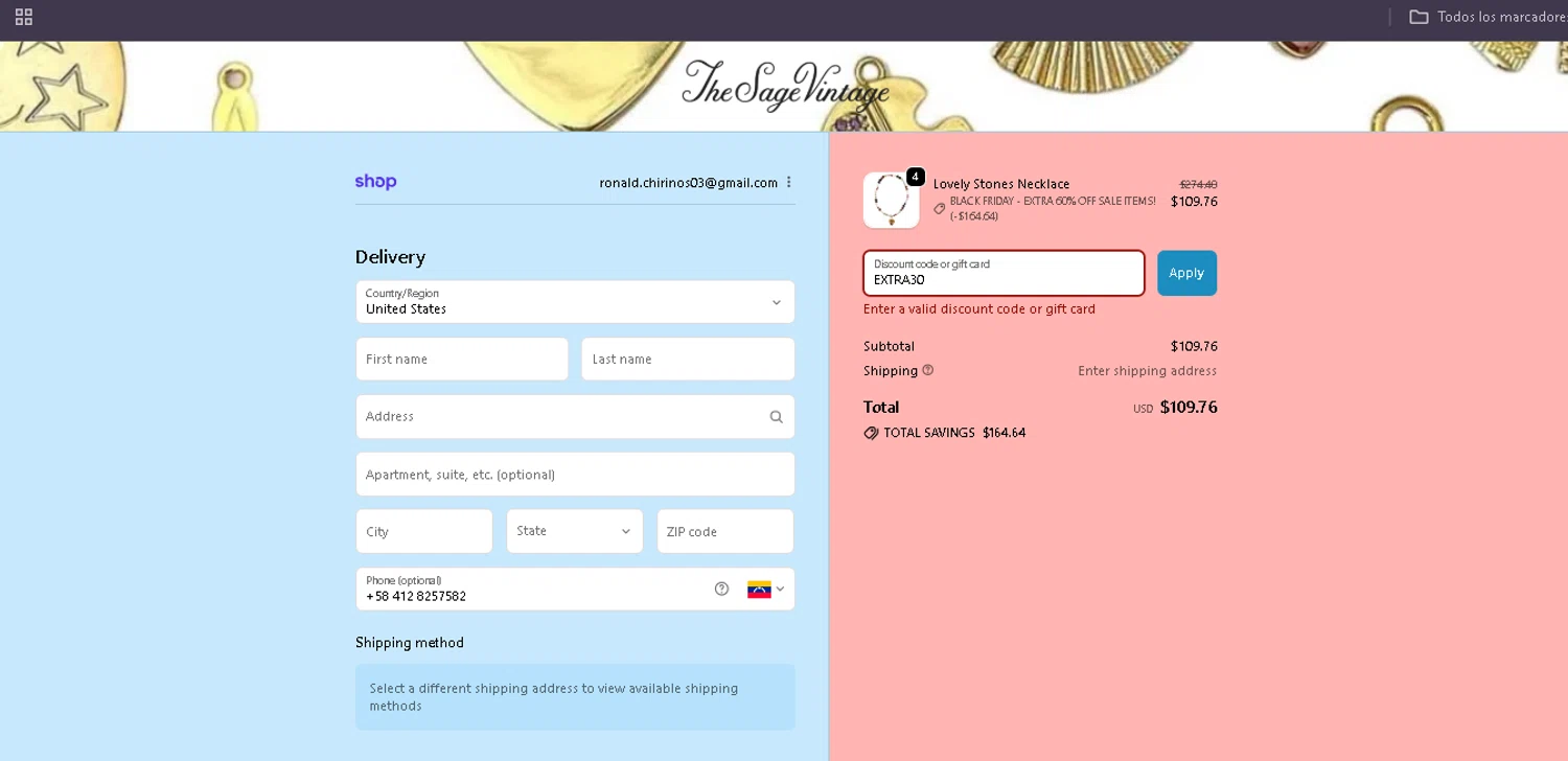 The Sage Vintage discount code screenshot showing code EXTRA30 applied at The Sage Vintage checkout page. Uploaded by SimplyCodes community member Egni_149037891 on Nov 30, 2025