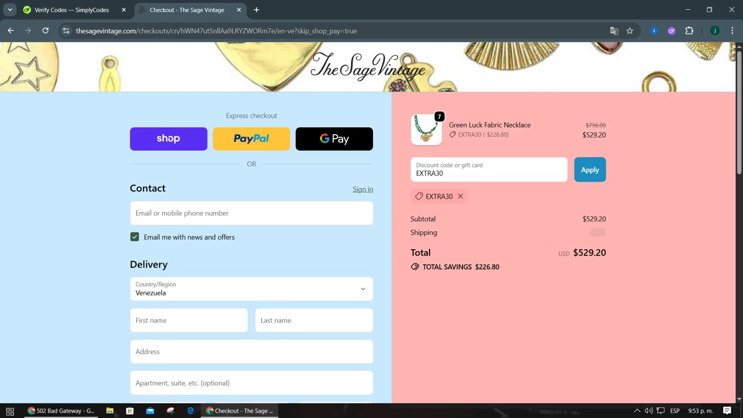 The Sage Vintage discount code screenshot showing code EXTRA30 applied at The Sage Vintage checkout page. Uploaded by SimplyCodes community member abcdefg321 on Oct 15, 2025