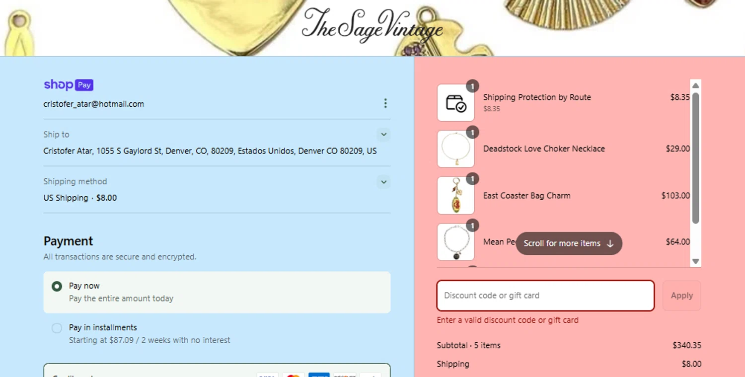 The Sage Vintage discount code screenshot showing code EXTRA40 applied at The Sage Vintage checkout page. Uploaded by SimplyCodes community member DavidMGF on Jun 12, 2025