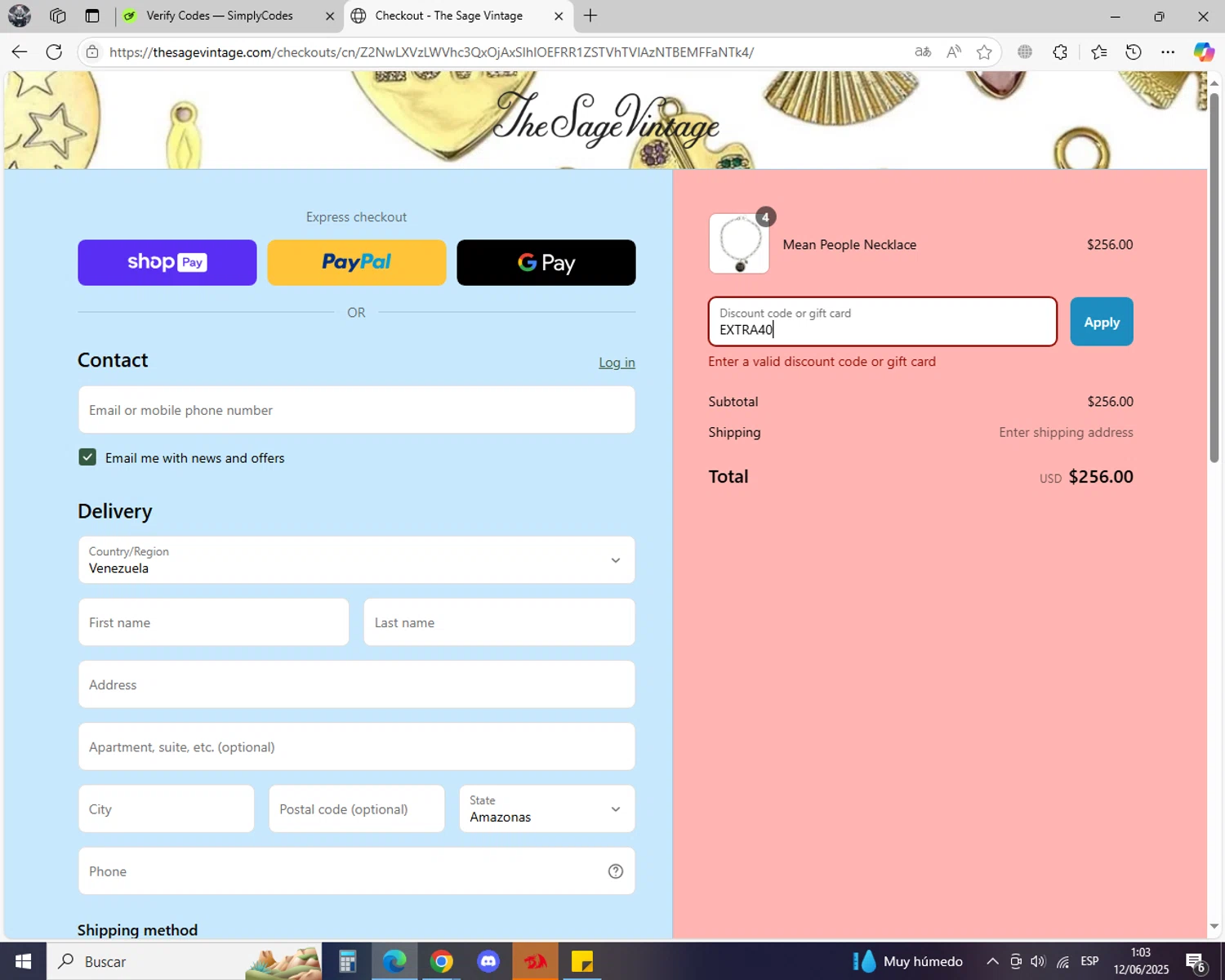 The Sage Vintage discount code screenshot showing code EXTRA40 applied at The Sage Vintage checkout page. Uploaded by SimplyCodes community member jhoanDepp on Jun 12, 2025