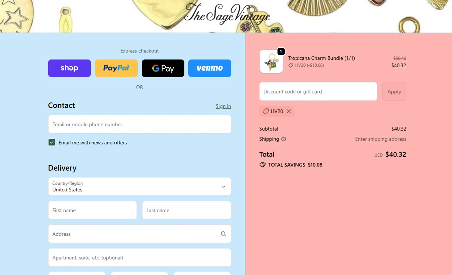 The Sage Vintage discount code screenshot showing code HV20 applied at The Sage Vintage checkout page. Uploaded by SimplyCodes community member Princesasofia on Nov 20, 2025