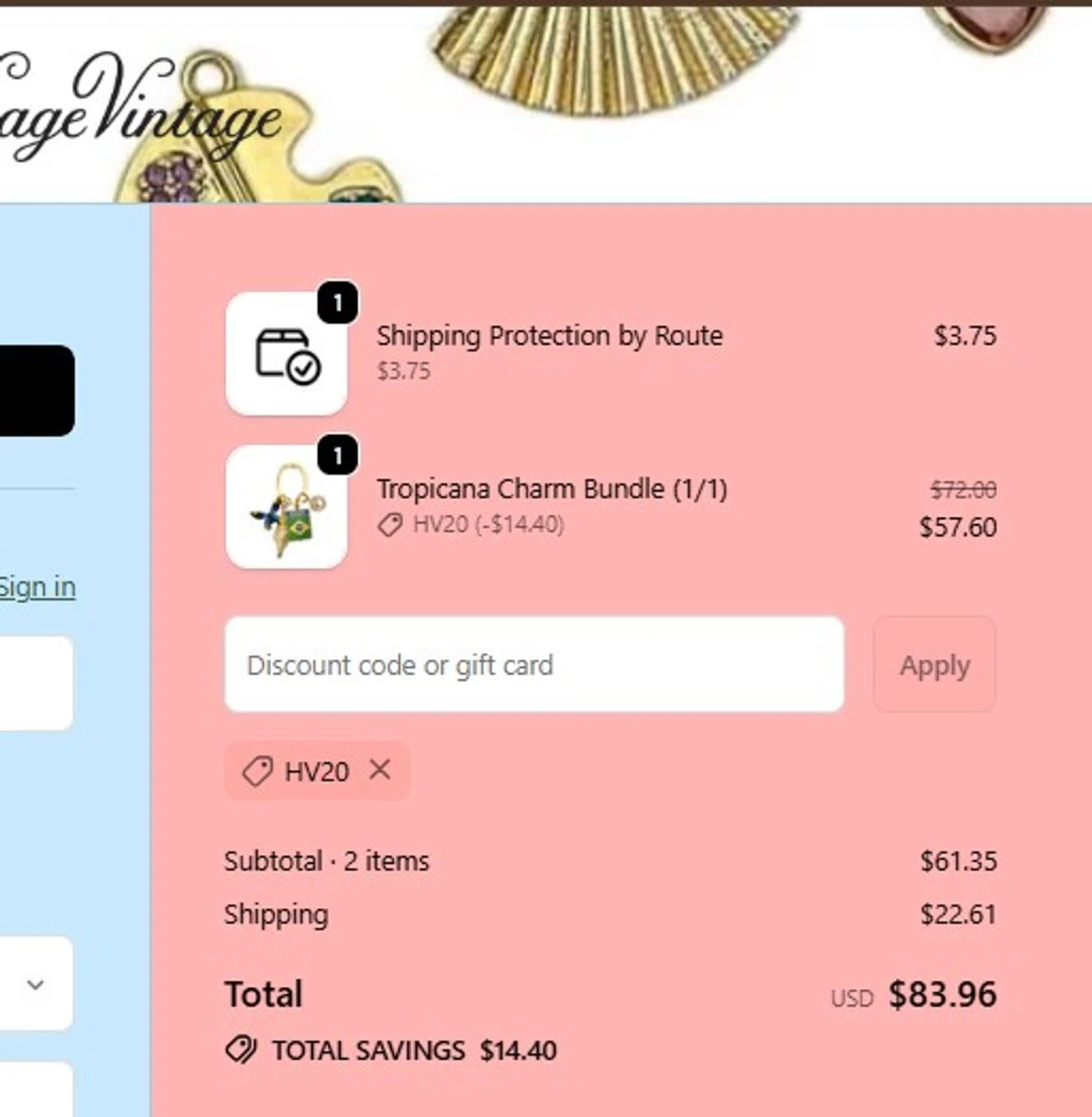 The Sage Vintage discount code screenshot showing code HV20 applied at The Sage Vintage checkout page. Uploaded by SimplyCodes community member VictoriousVirtuoso8516 on Oct 30, 2025