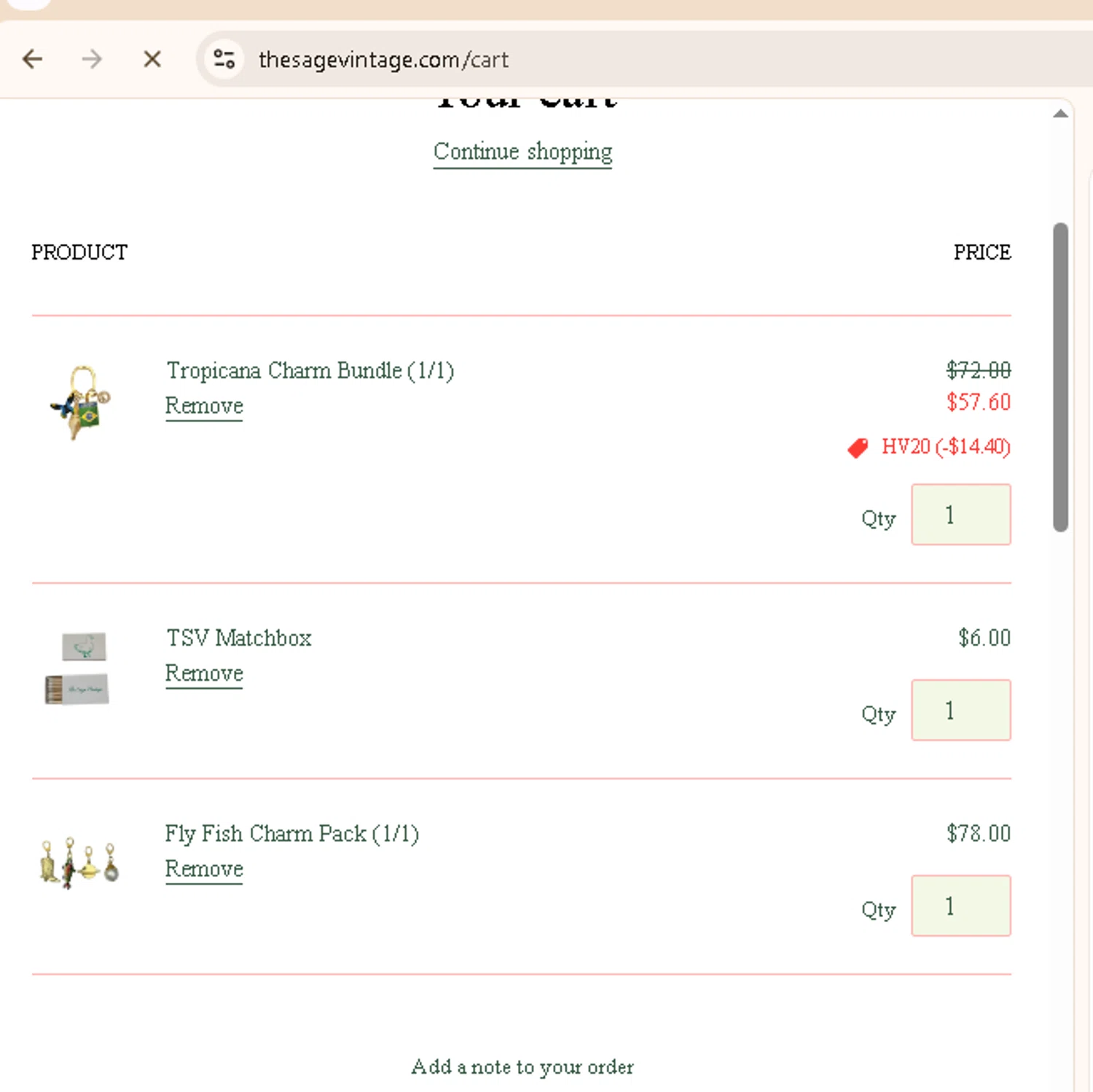 The Sage Vintage discount code screenshot showing code HV20 applied at The Sage Vintage checkout page. Uploaded by SimplyCodes community member AMANDA2681 on Oct 30, 2025