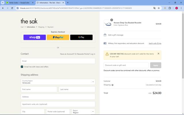 The Sak checkout page showing The Sak promo code box | Screenshot taken by SimplyCodes community member on Apr 21, 2024