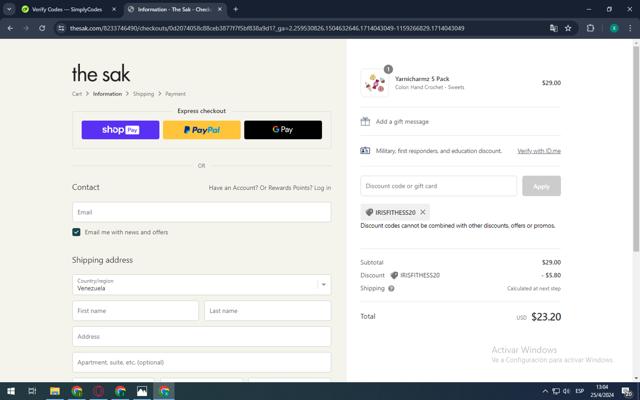 The Sak checkout page showing The Sak promo code box | Screenshot taken by SimplyCodes community member on Apr 25, 2024