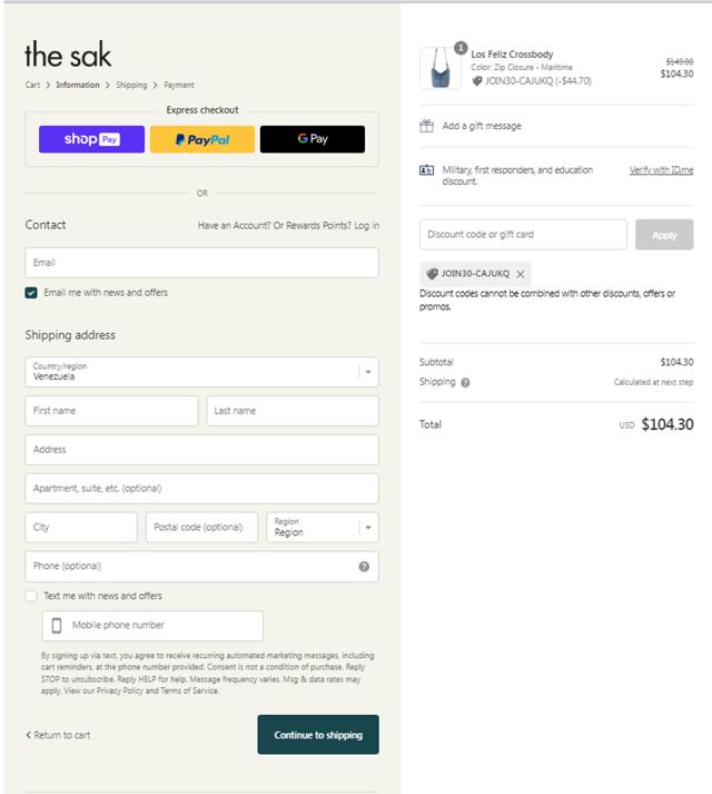 The Sak checkout page showing The Sak promo code box | Screenshot taken by SimplyCodes community member on Apr 19, 2024