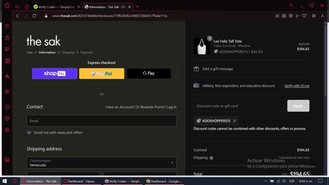 The Sak checkout page showing The Sak promo code box | Screenshot taken by SimplyCodes community member on Apr 20, 2024