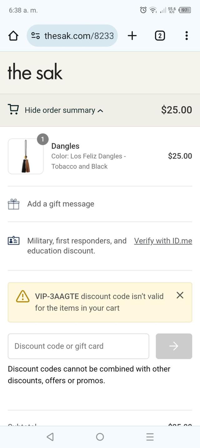 The Sak checkout page showing The Sak promo code box | Screenshot taken by SimplyCodes community member on Apr 24, 2024
