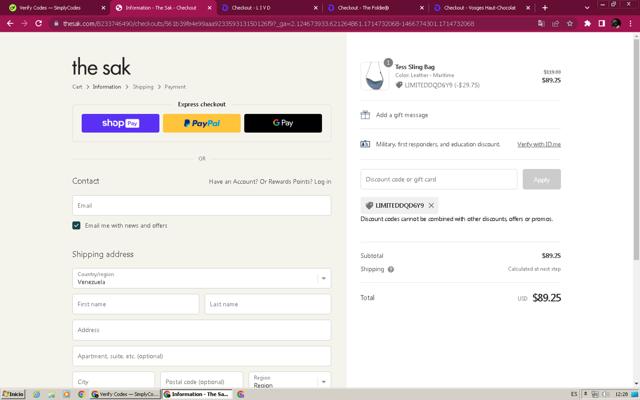 The Sak checkout page showing The Sak promo code box | Screenshot taken by SimplyCodes community member on May 3, 2024