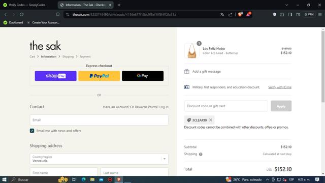 The Sak checkout page showing The Sak promo code box | Screenshot taken by SimplyCodes community member on May 3, 2024