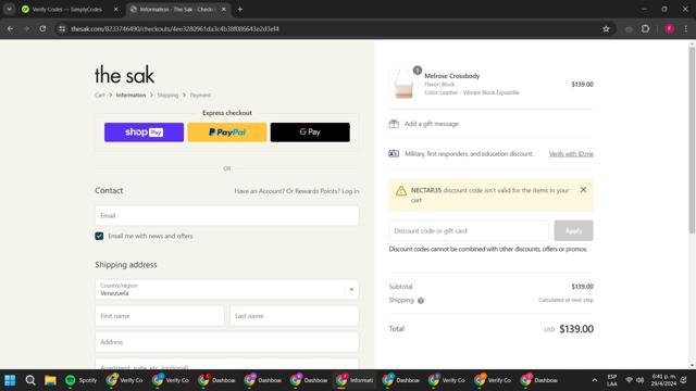 The Sak checkout page showing The Sak promo code box | Screenshot taken by SimplyCodes community member on Apr 29, 2024