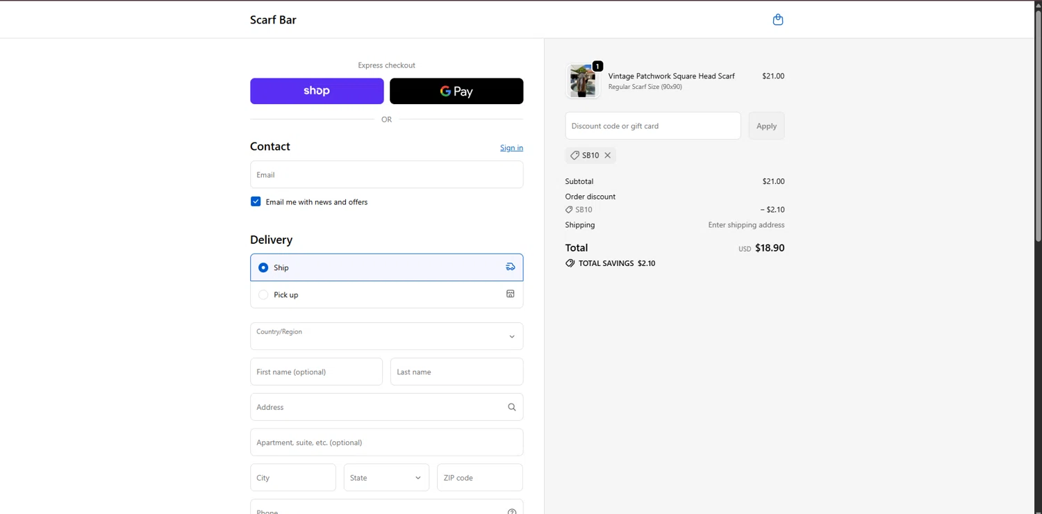 The Scarf Bar promo code screenshot showing code SB10 applied at The Scarf Bar checkout page. Uploaded by SimplyCodes community member FortunateSeeker4672 on Dec 16, 2025