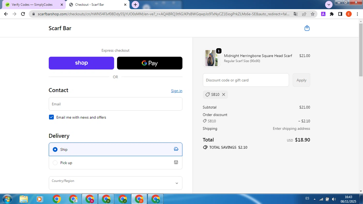 The Scarf Bar promo code screenshot showing code SB10 applied at The Scarf Bar checkout page. Uploaded by SimplyCodes community member VoucherScout5024 on Nov 8, 2025