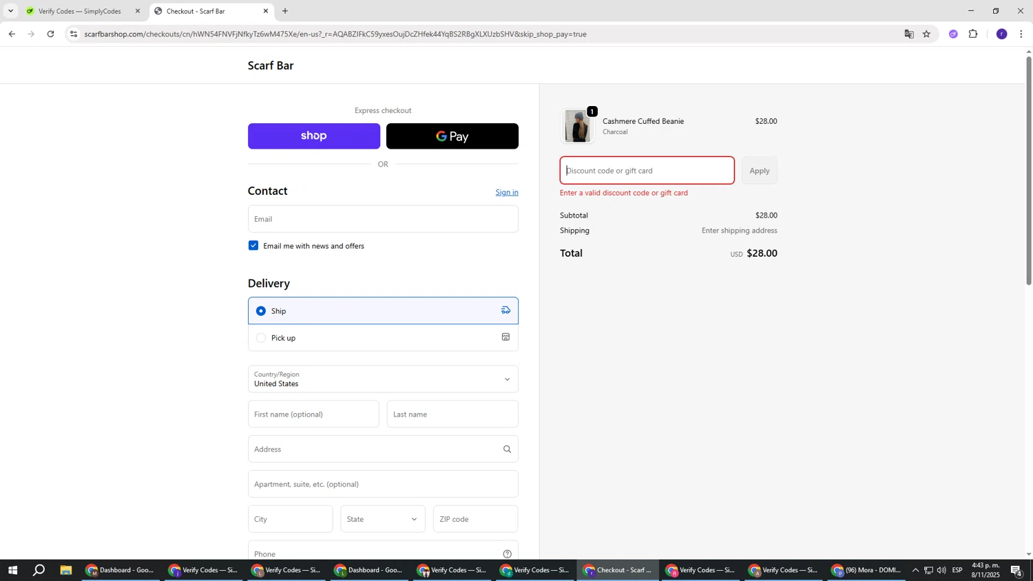 The Scarf Bar promo code screenshot showing code WINTER20 applied at The Scarf Bar checkout page. Uploaded by SimplyCodes community member AberthGotopo on Nov 8, 2025