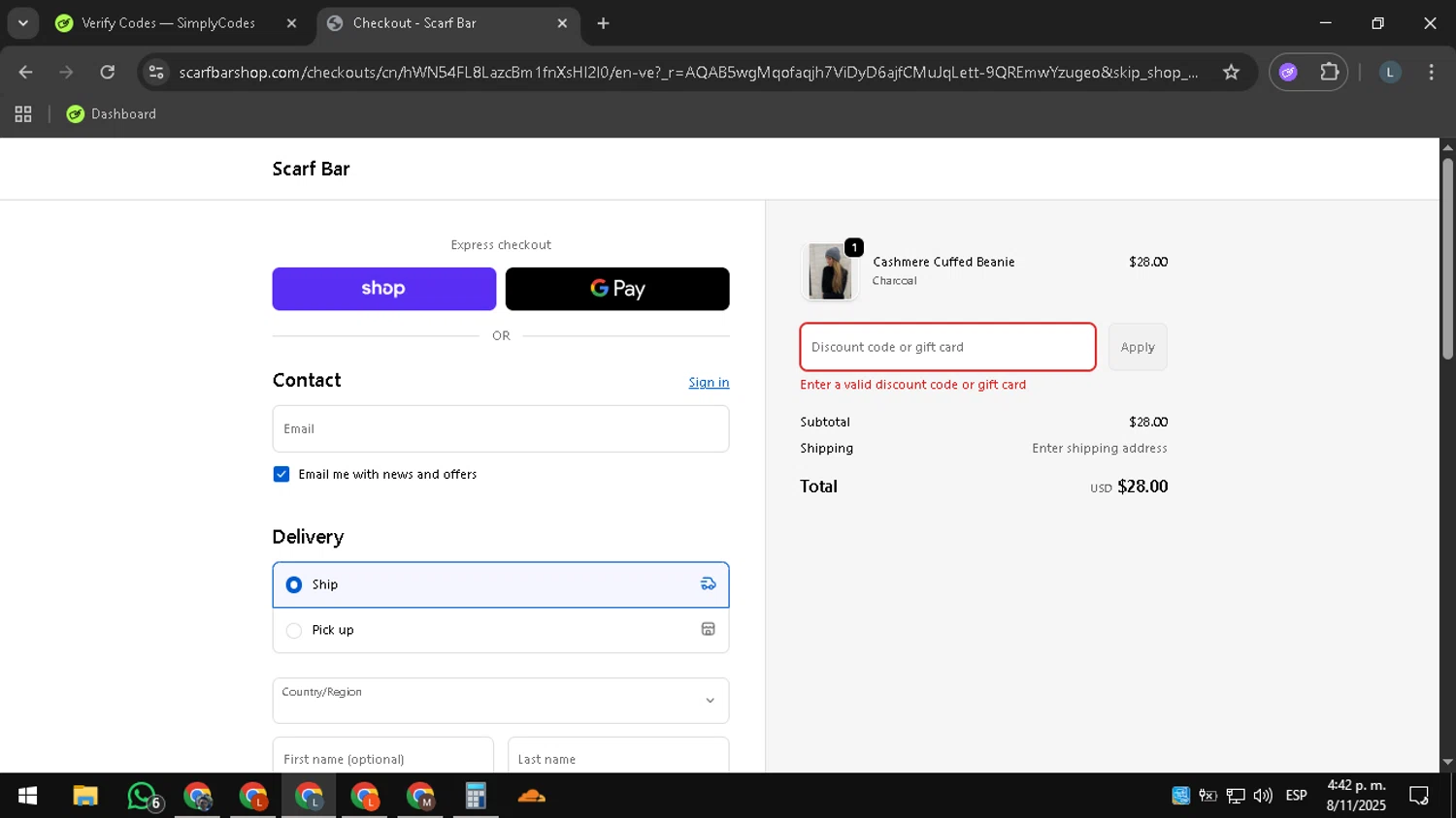The Scarf Bar promo code screenshot showing code WINTER20 applied at The Scarf Bar checkout page. Uploaded by SimplyCodes community member RewardExpert2936 on Nov 8, 2025