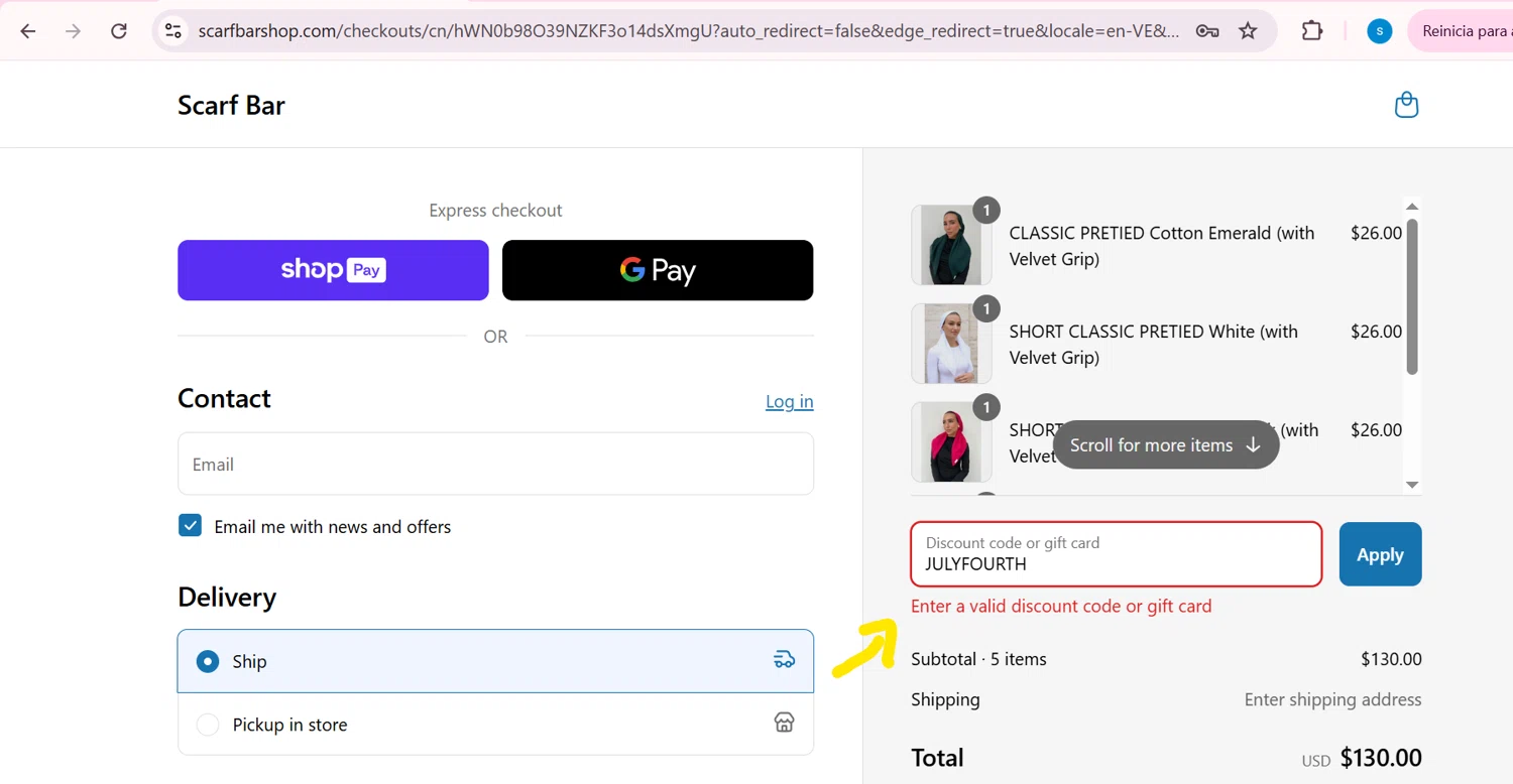 The Scarf Bar promo code screenshot showing code JULYFOURTH applied at The Scarf Bar checkout page. Uploaded by SimplyCodes community member ShieldGuardian6801 on Jul 14, 2025
