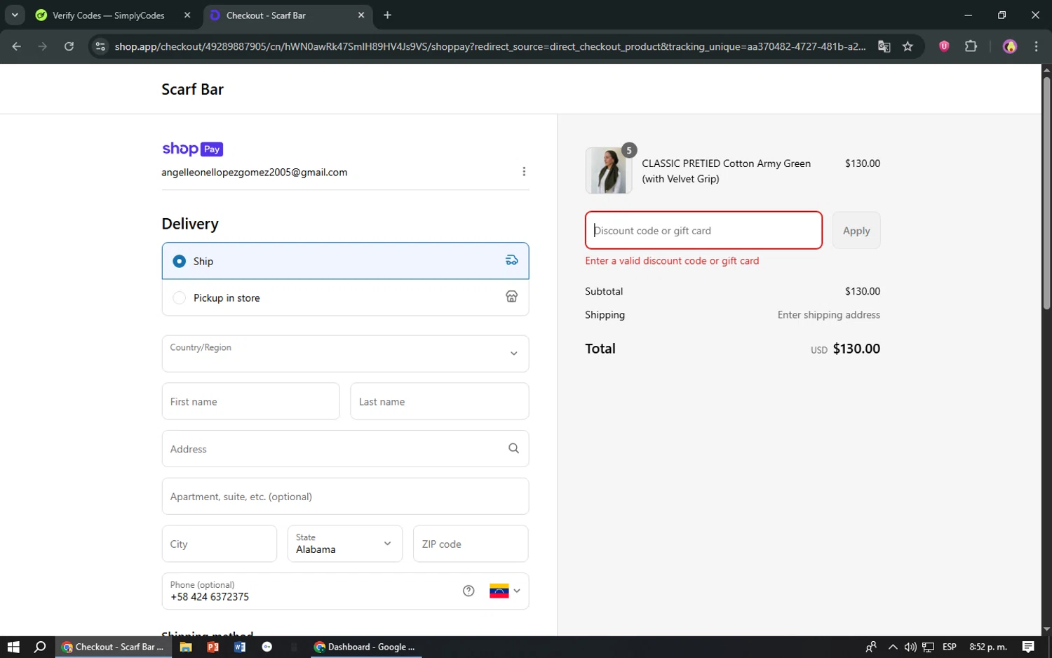 The Scarf Bar promo code screenshot showing code JULYFOURTH applied at The Scarf Bar checkout page. Uploaded by SimplyCodes community member TreasureShopper9156 on Jul 14, 2025