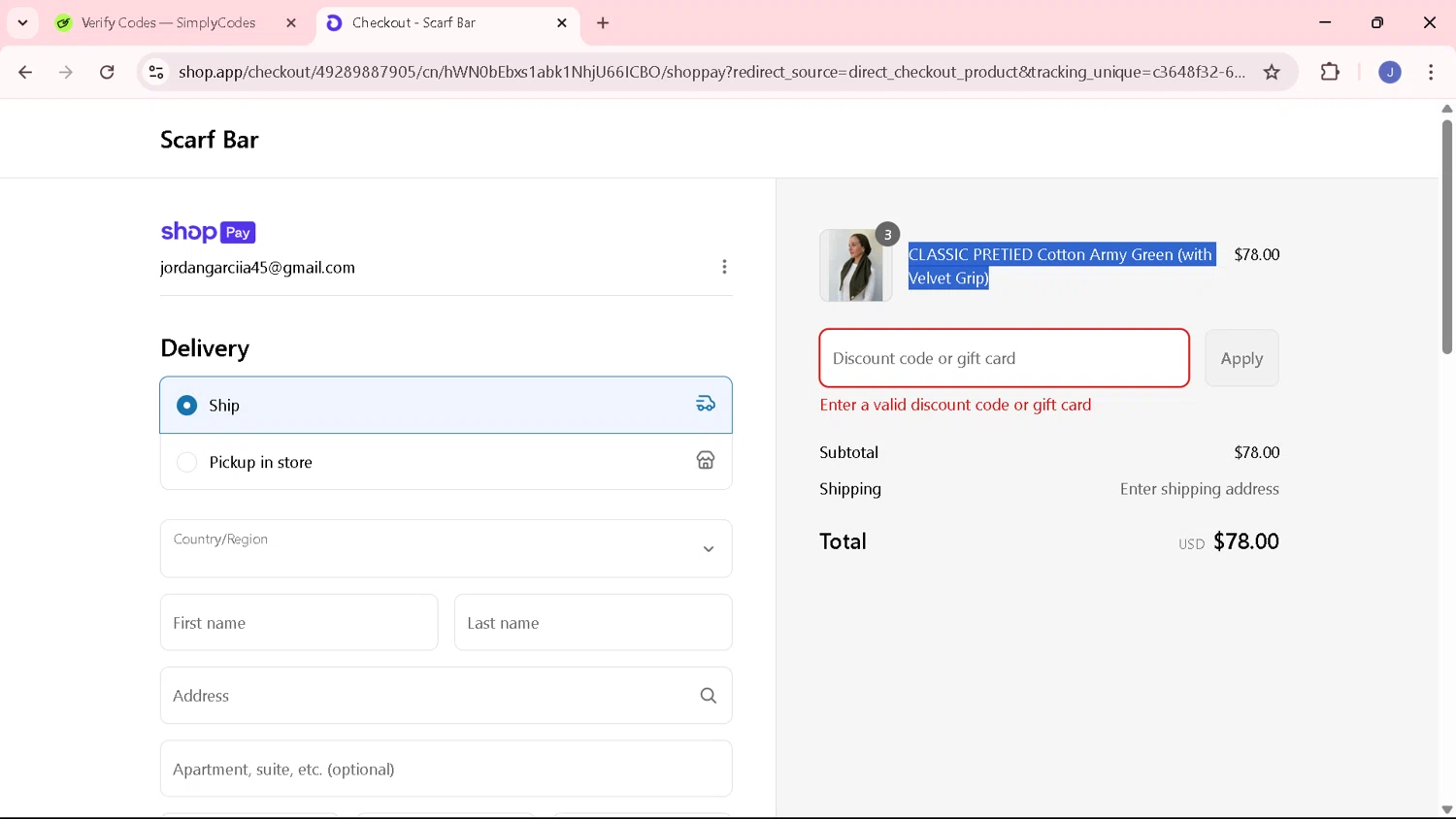 The Scarf Bar promo code screenshot showing code JULYFOURTH applied at The Scarf Bar checkout page. Uploaded by SimplyCodes community member junojuno on Jul 14, 2025