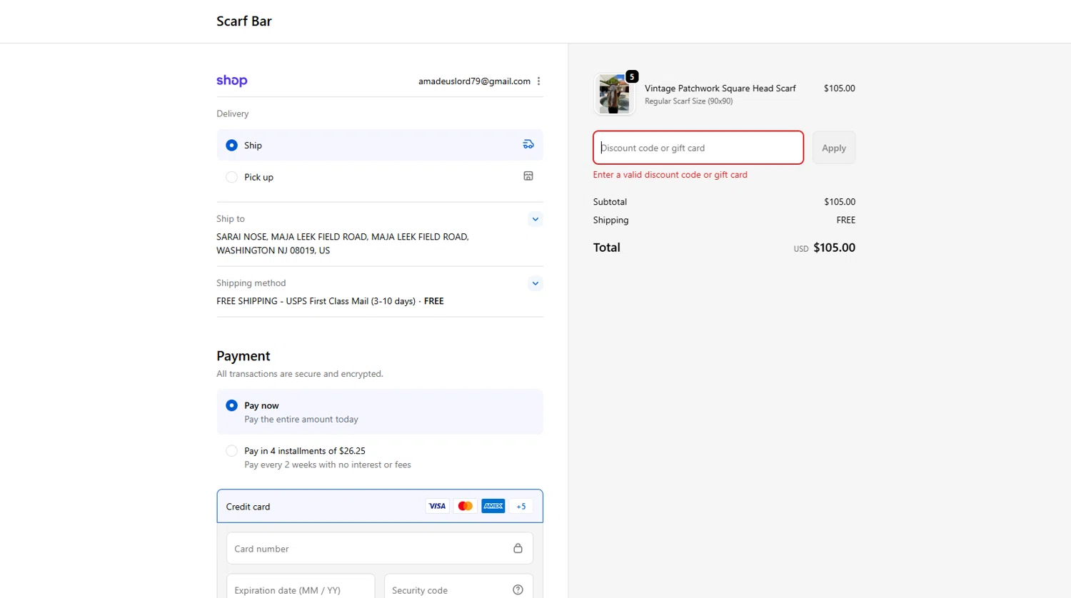 The Scarf Bar promo code screenshot showing code BF30 applied at The Scarf Bar checkout page. Uploaded by SimplyCodes community member ELEVEN on Dec 4, 2025