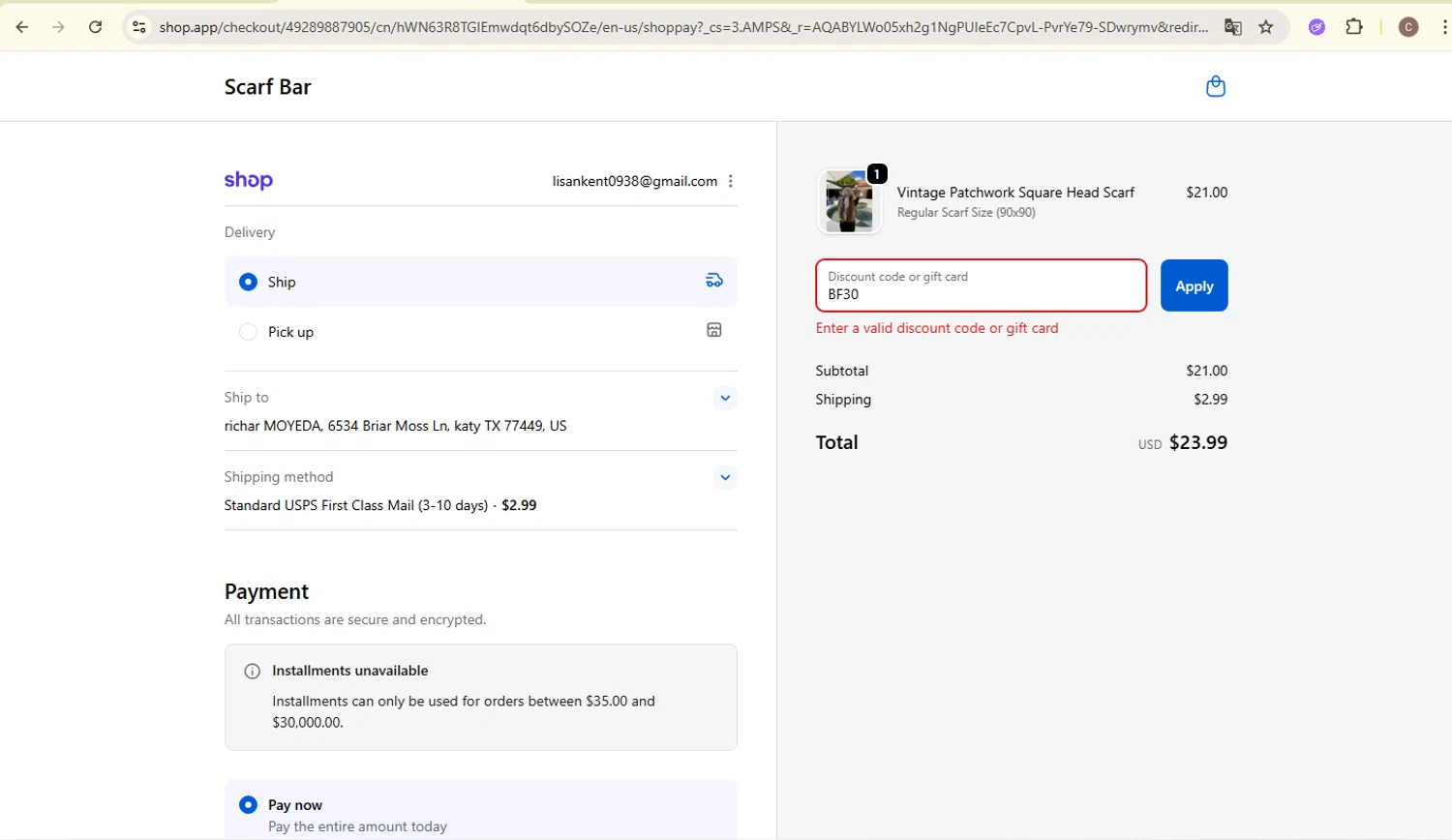The Scarf Bar promo code screenshot showing code BF30 applied at The Scarf Bar checkout page. Uploaded by SimplyCodes community member carlosra07 on Dec 4, 2025