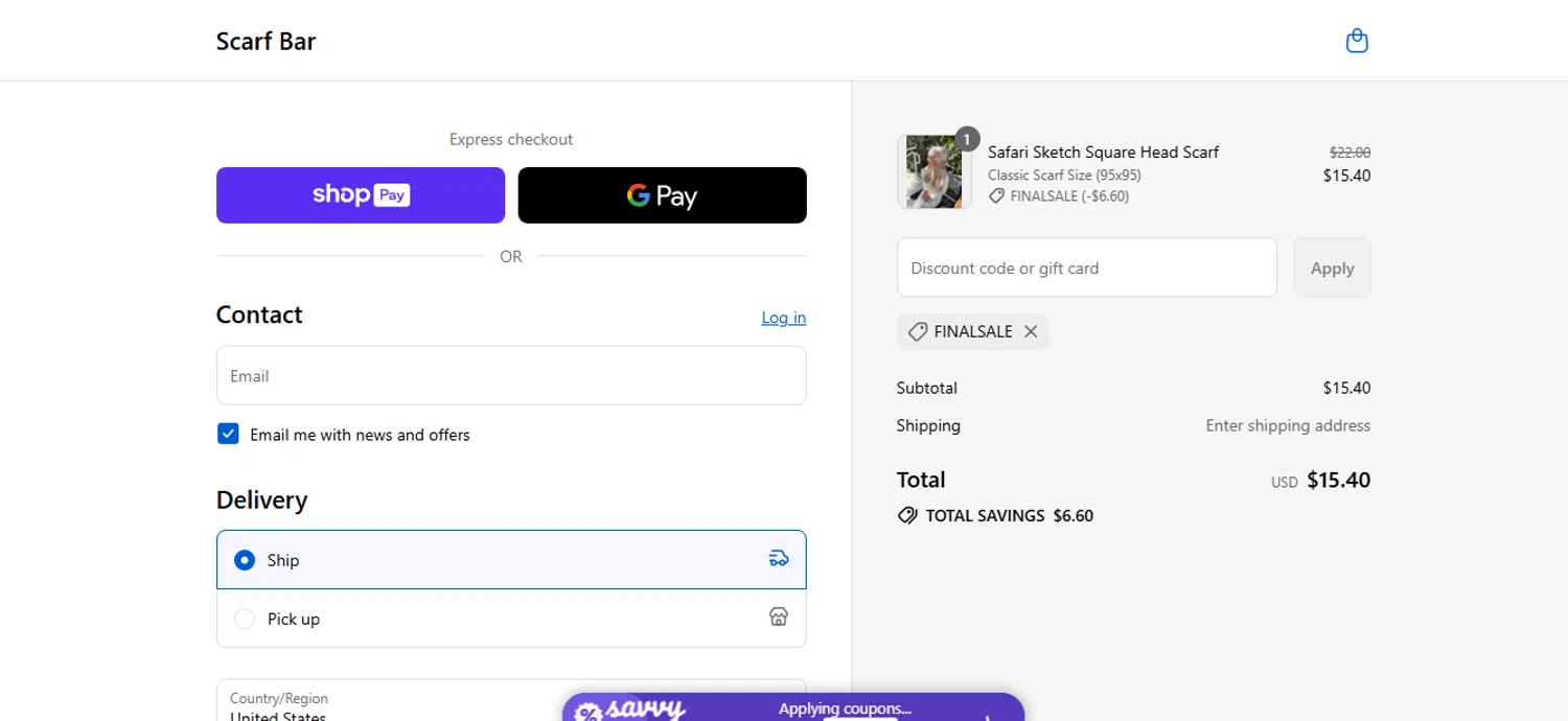 The Scarf Bar promo code screenshot showing code finalsale applied at The Scarf Bar checkout page. Uploaded by SimplyCodes community member shark12 on Aug 21, 2025