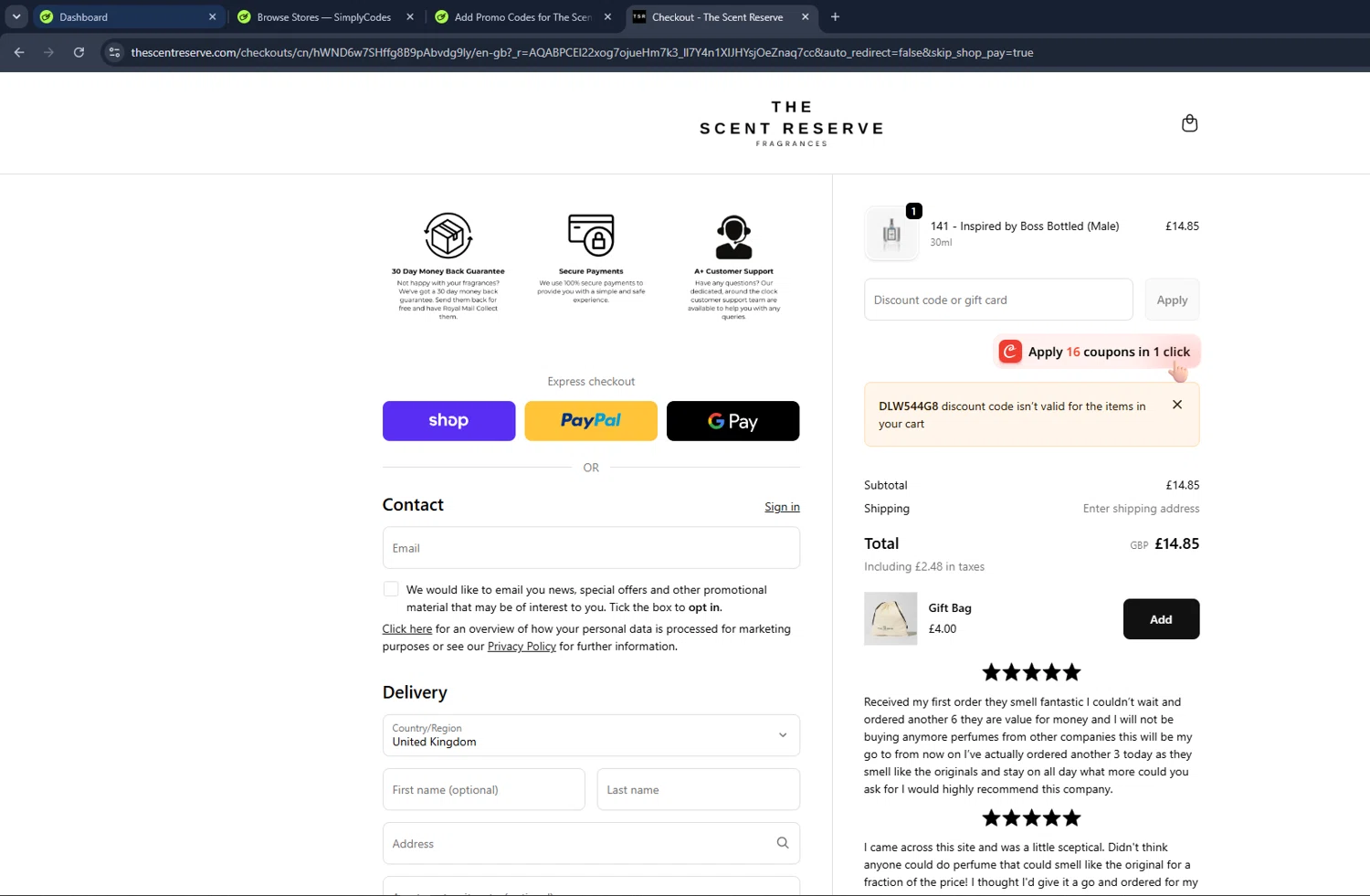 The Scent Reserve promo code screenshot showing code DLW544G8 applied at The Scent Reserve checkout page. Uploaded by SimplyCodes community member VictoriousCaptain3902 on Jun 8, 2026