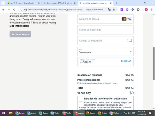 The Sculpt Society checkout page showing The Sculpt Society promo code box | Screenshot taken by SimplyCodes community member on Sep 11, 2025