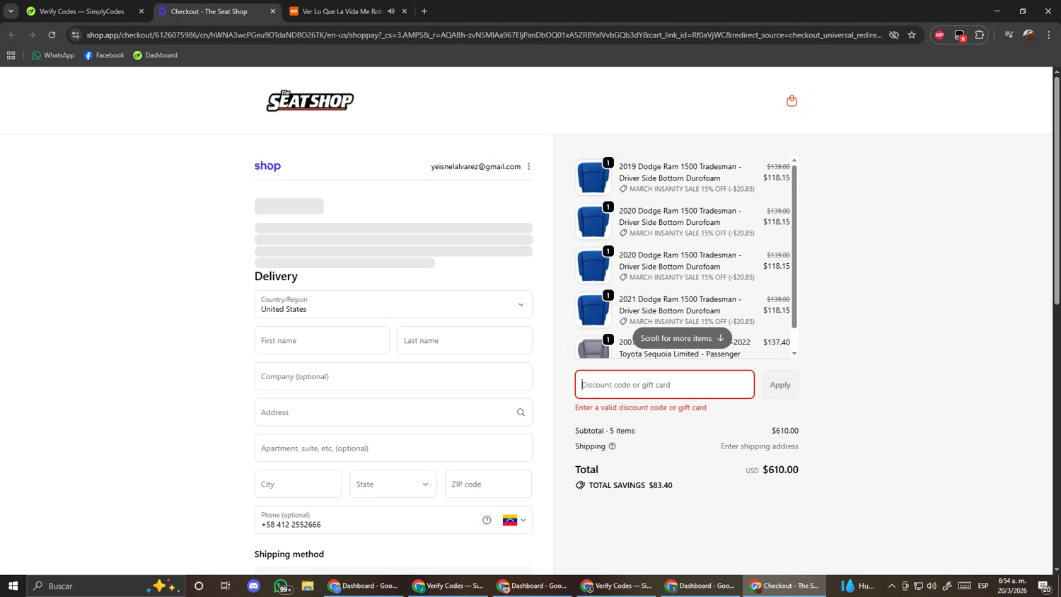 The Seat Shop promo code screenshot showing code BF20 applied at The Seat Shop checkout page. Uploaded by SimplyCodes community member ScanShopper554 on Mar 20, 2026