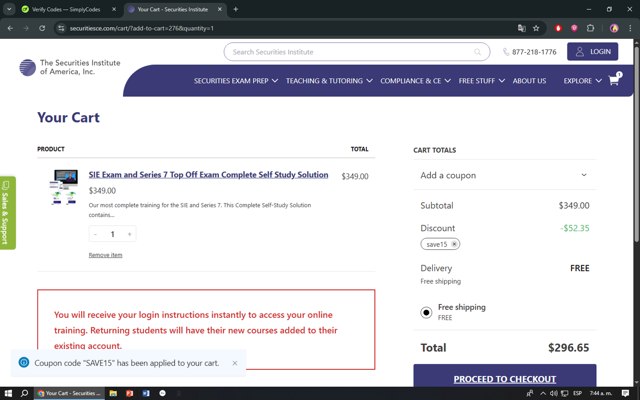 The Securities Institute of America checkout page showing The Securities Institute of America promo code box | Screenshot taken by SimplyCodes community member on Jun 20, 2025