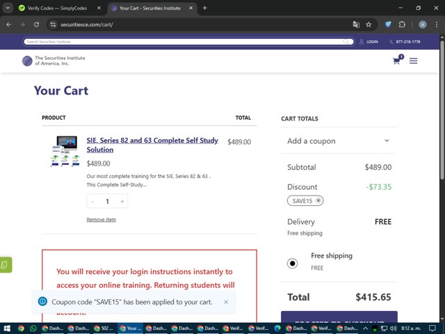 The Securities Institute of America checkout page showing The Securities Institute of America promo code box | Screenshot taken by SimplyCodes community member on Jun 27, 2025