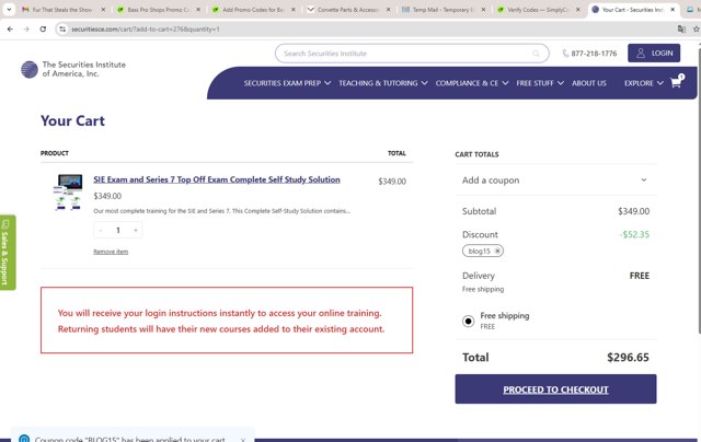 The Securities Institute of America checkout page showing The Securities Institute of America promo code box | Screenshot taken by SimplyCodes community member on Jun 20, 2025