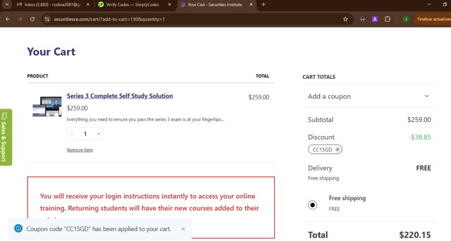 The Securities Institute of America checkout page showing The Securities Institute of America promo code box | Screenshot taken by SimplyCodes community member on Jun 27, 2025