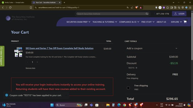 The Securities Institute of America checkout page showing The Securities Institute of America promo code box | Screenshot taken by SimplyCodes community member on Jun 27, 2025