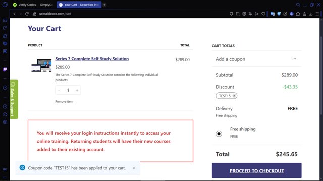 The Securities Institute of America checkout page showing The Securities Institute of America promo code box | Screenshot taken by SimplyCodes community member on Sep 2, 2025