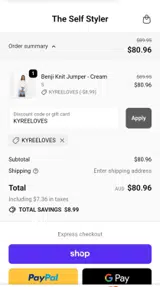 KYREELOVES coupon verification screenshot