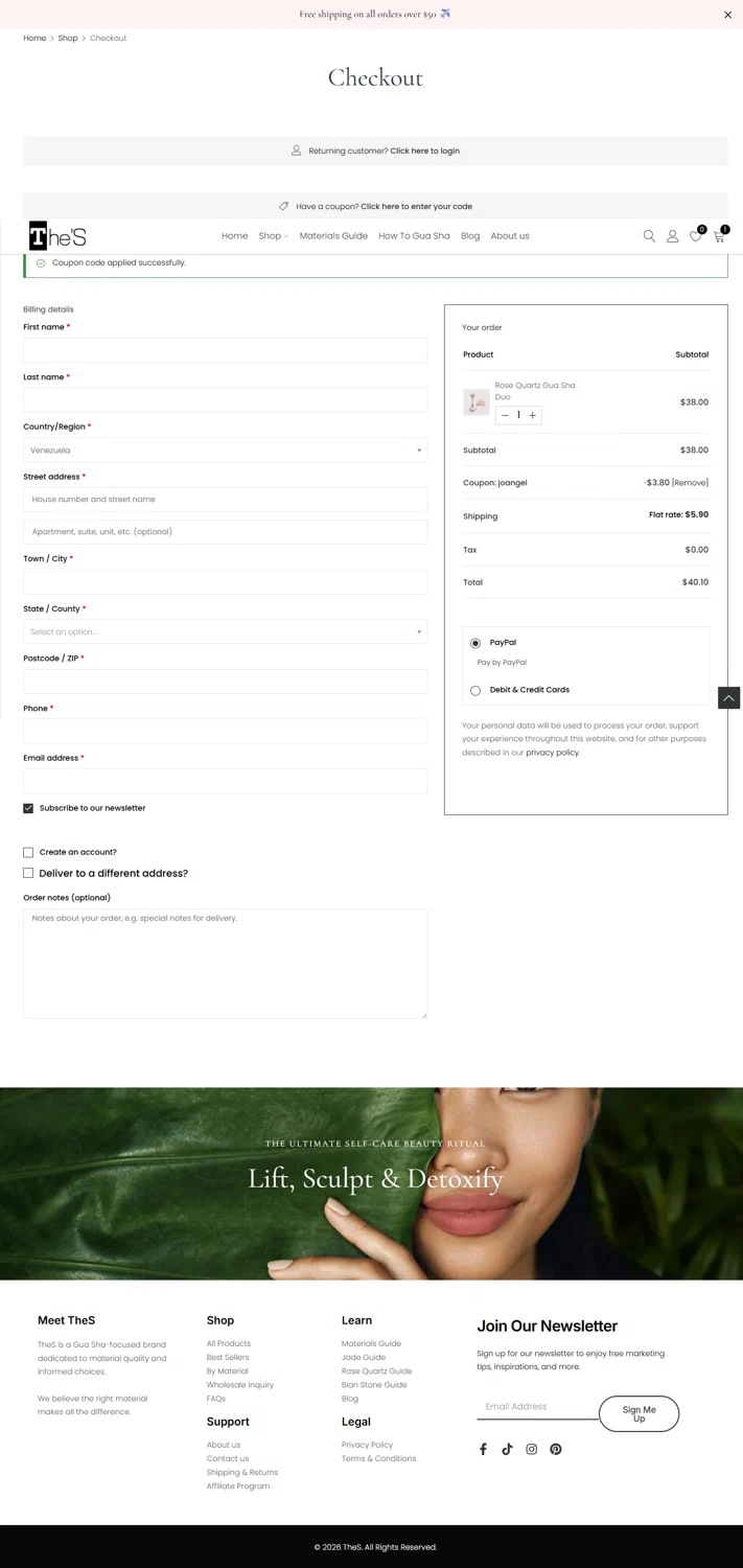 The'S Gua Sha promo code screenshot showing code joangel applied at The'S Gua Sha checkout page. Uploaded by SimplyCodes community member kanEki12 on Jun 4, 2026